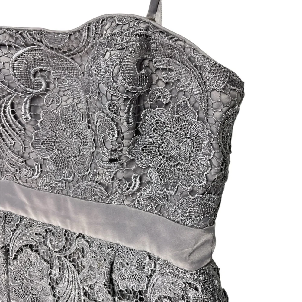 Adrianna Papell Gray Strapless Lace Lined Peplum Dress Size 4 Romantic Feminine
